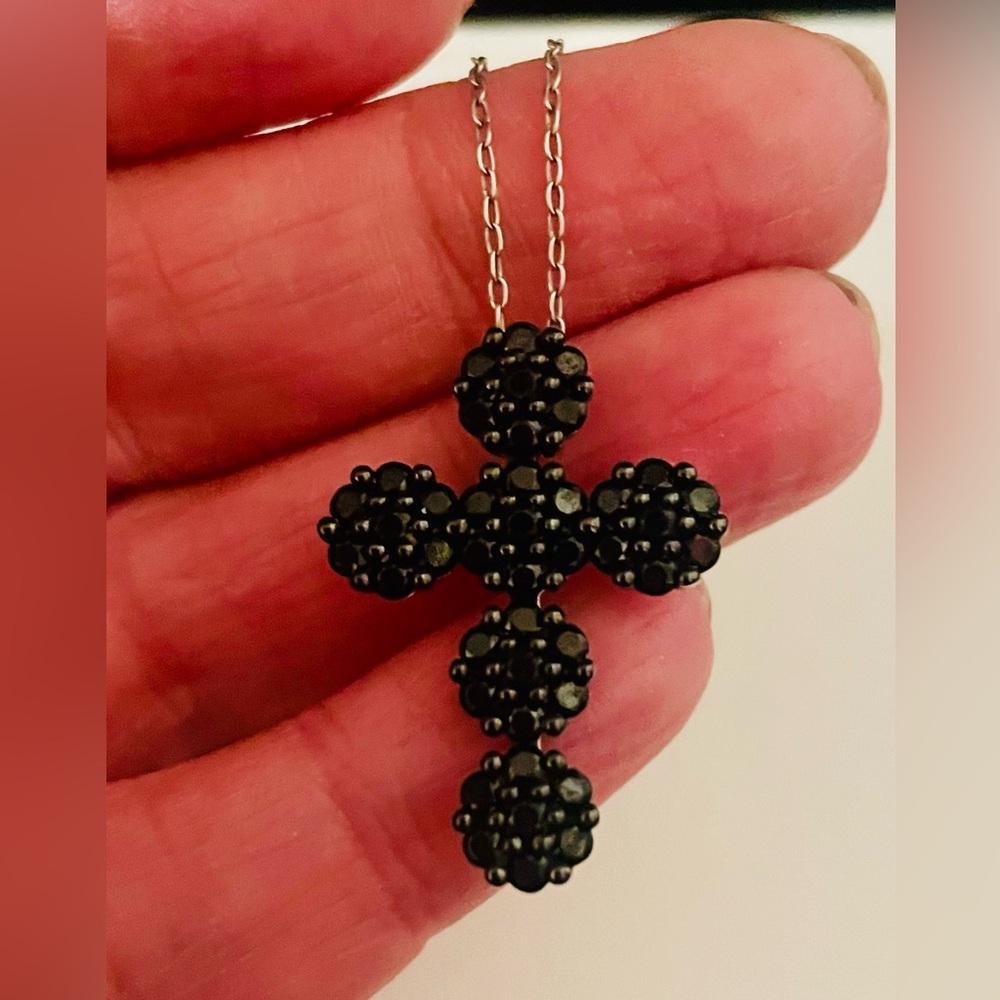 Sterling Silver and Black Spinel Cross Pendant Necklace - Picture 8 of 9